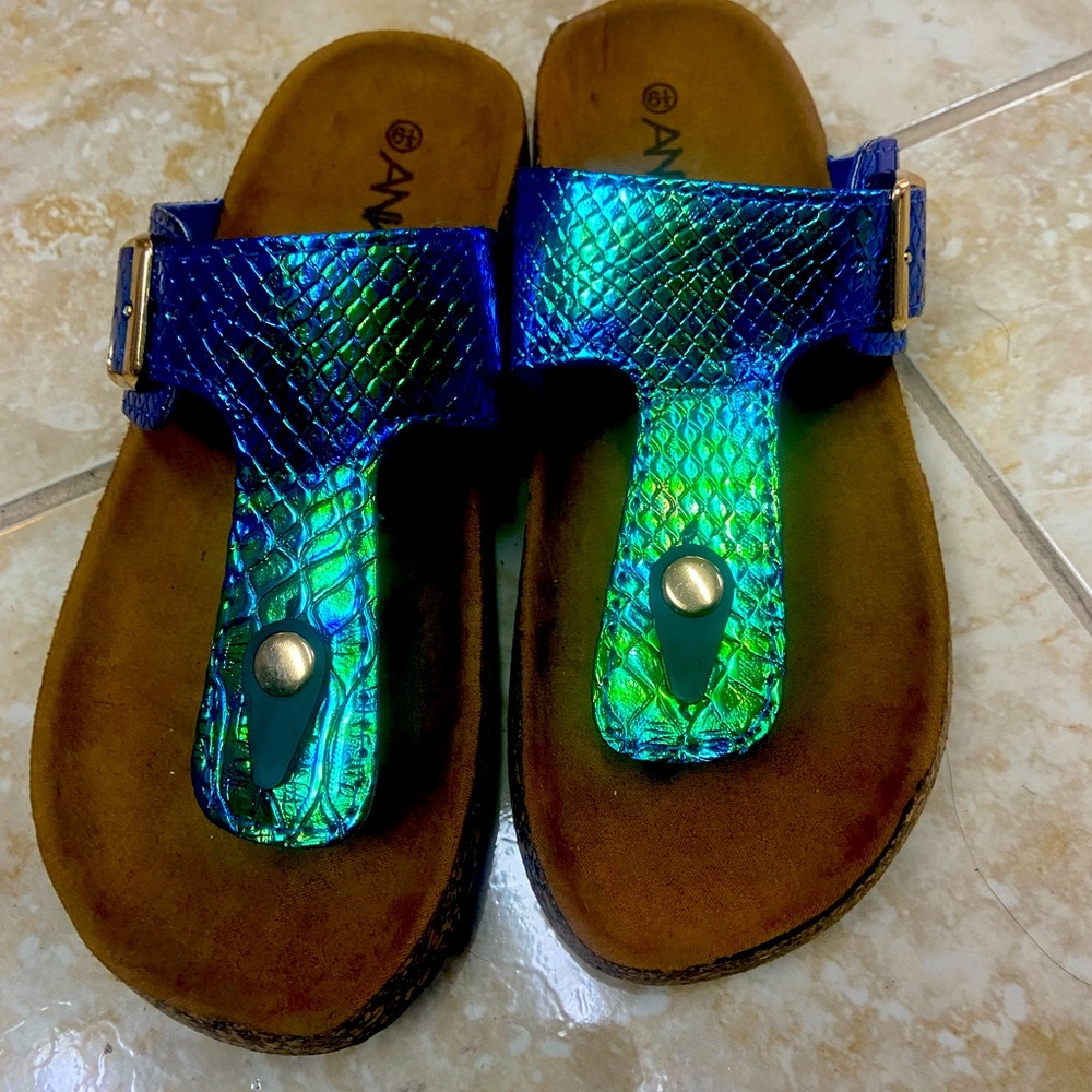 Blue metallic slides/sandals